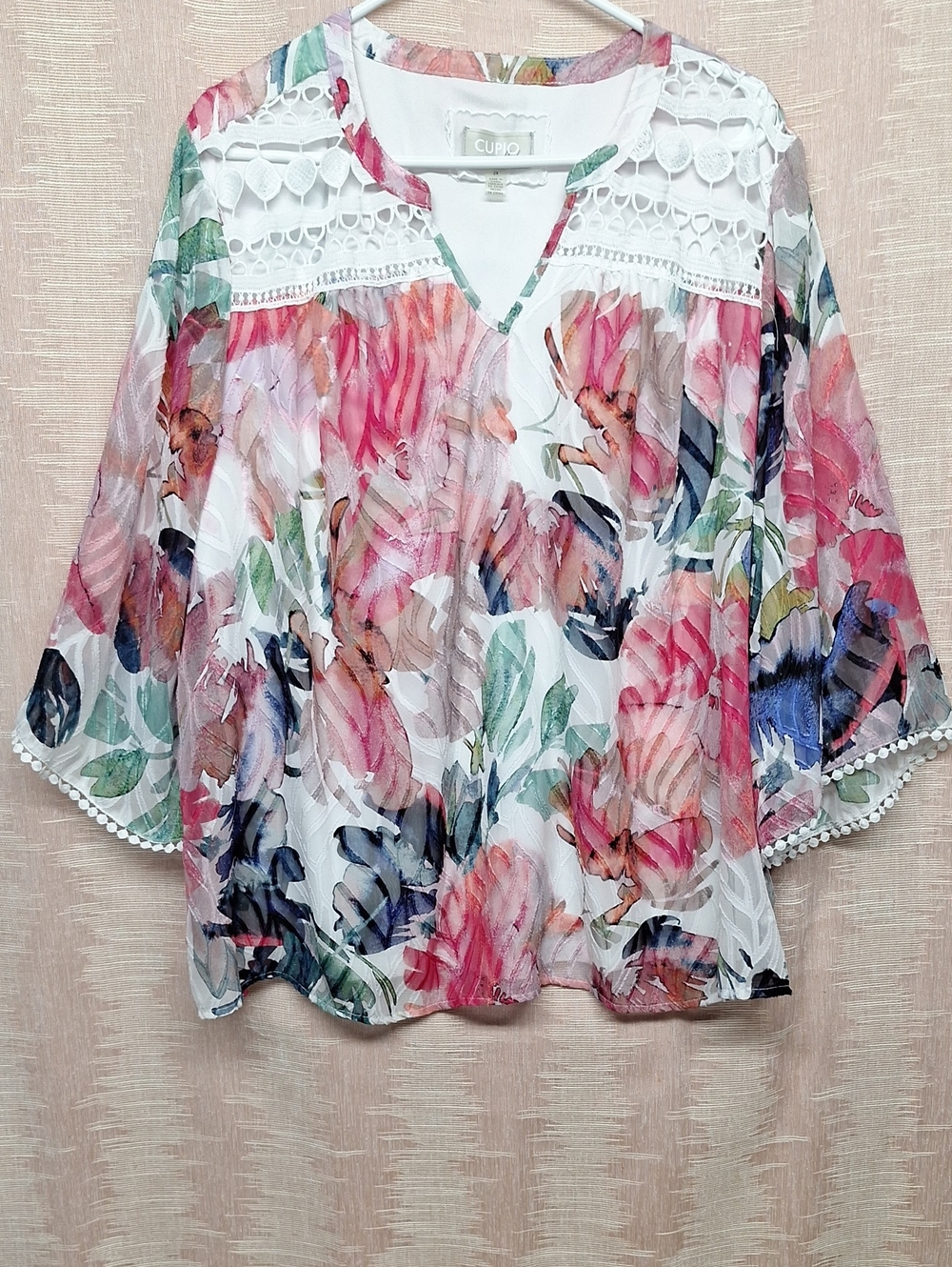 Cupio Multicolor Floral Crochet Yoke V-Neck Blouse